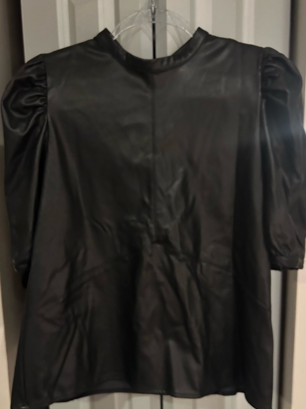 THML Black Faux Leather Puff-Sleeve Blouse